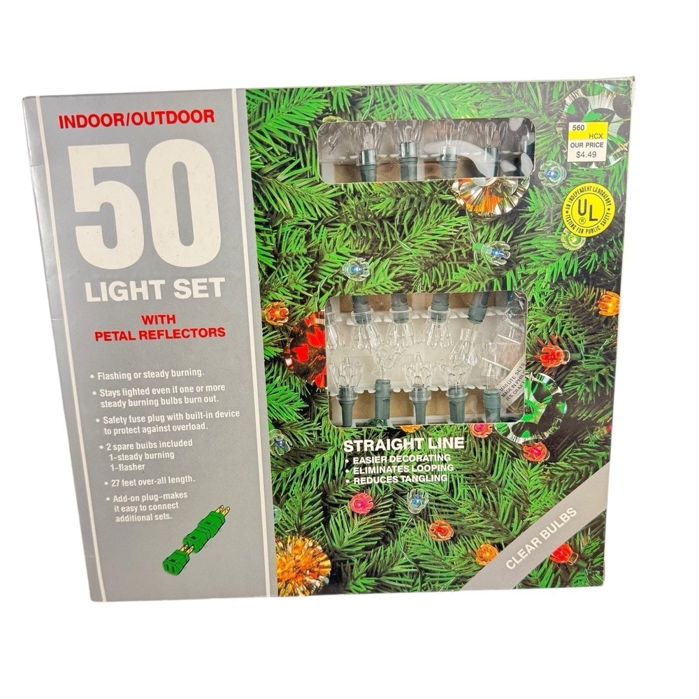 Vtg Christmas Tree Lights 50 Clear Tulip Petal Reflectors Steady Or Flashing‎